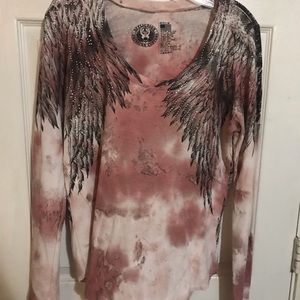 Affliction pink and black 3/4 tee